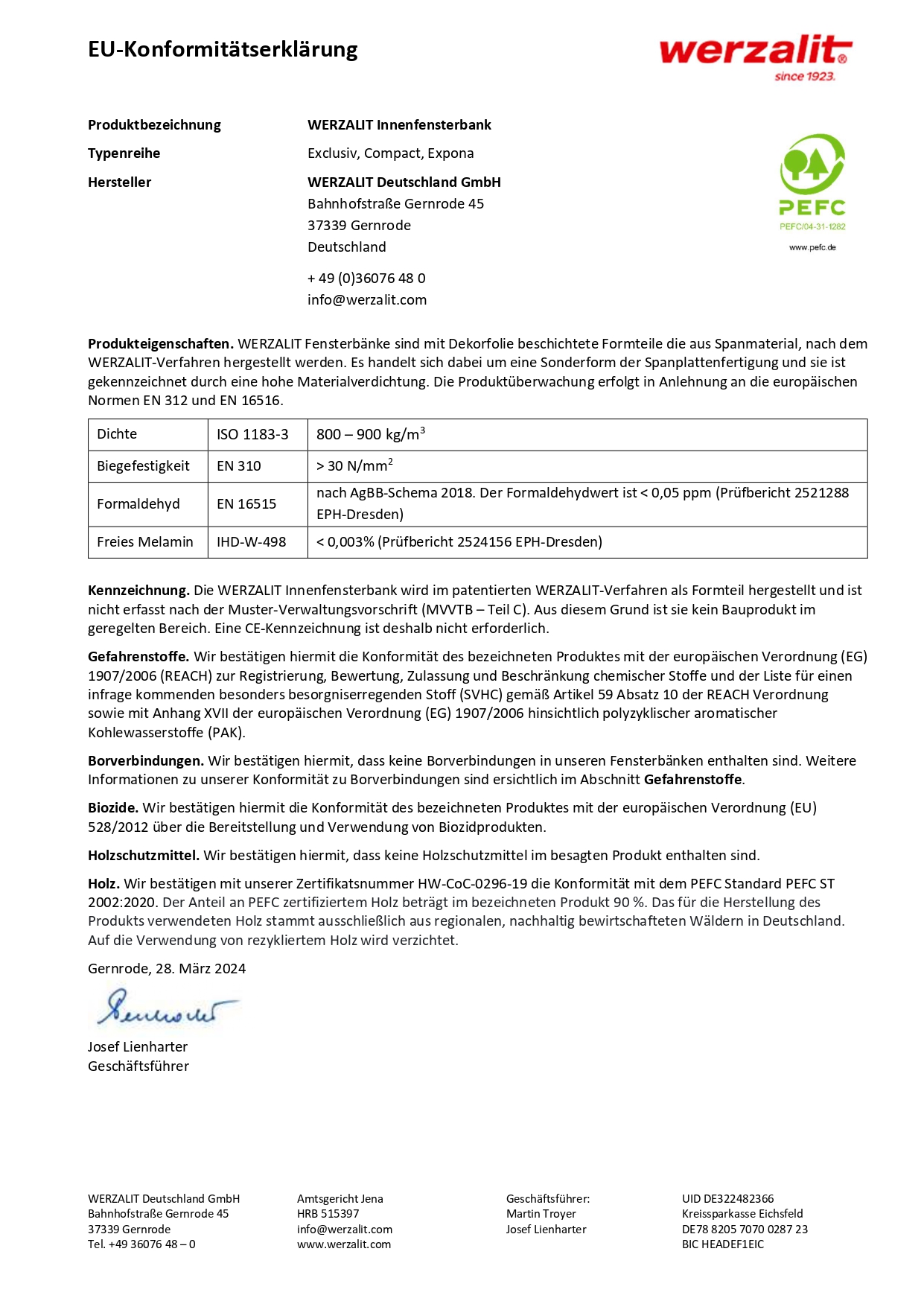 Werzalit EU Konformitätserklärung sertifikatas